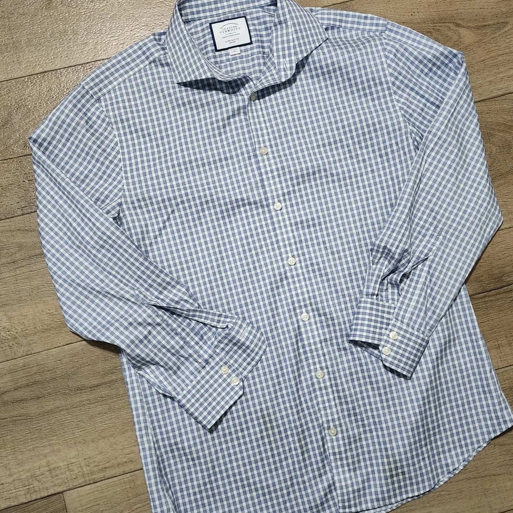 Charles Tyrwhitt Men Extra Slim Fit Non-Iron Gingham Dress Shirt Blue White 16.5